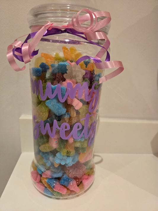 'Mums sweets' sweetie jar filled with Variety of pick and mix