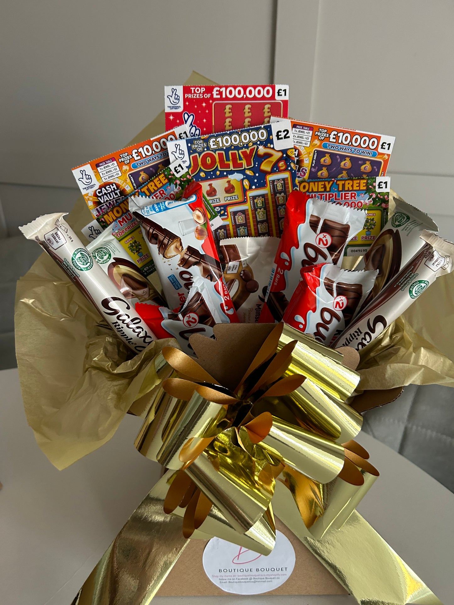 Kinder bueno and galaxy chocolate and scratchcard bouquet