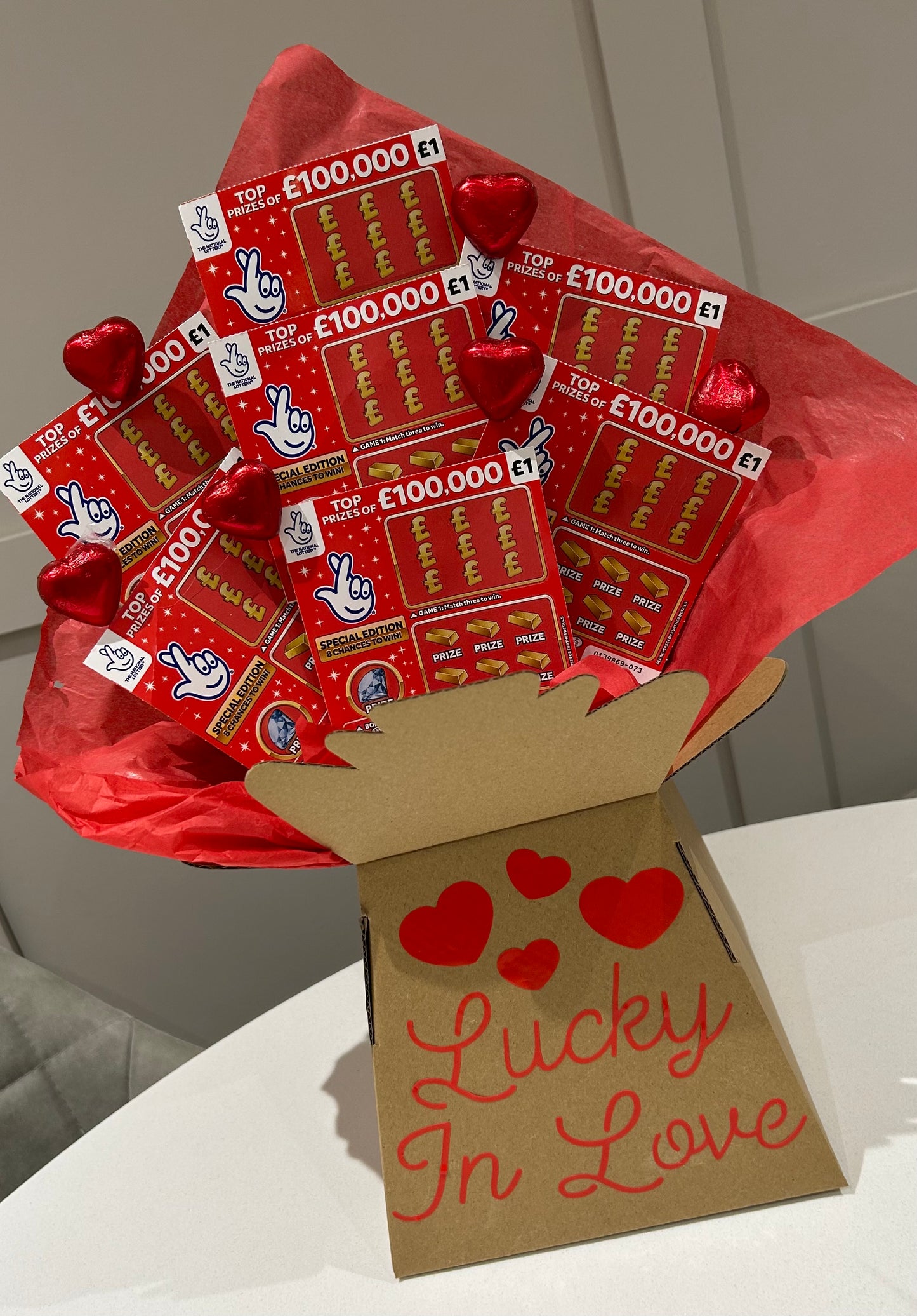 Valentines Scratchcard and chocolate hearts bouquet