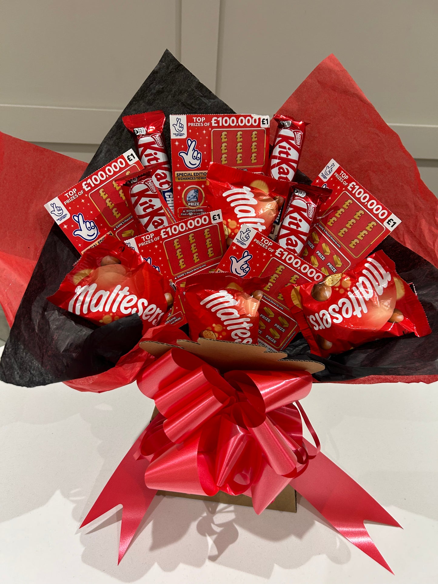 Valentines bouquet Maltesers chocolate, kitkat and scratchcard bouquet