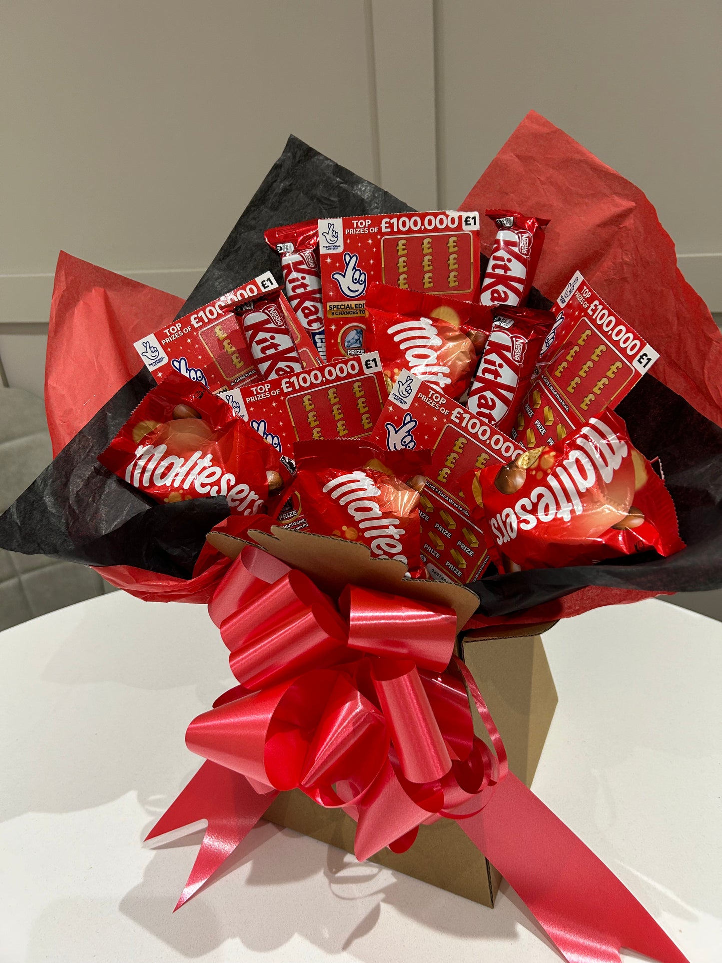 Valentines bouquet Maltesers chocolate, kitkat and scratchcard bouquet