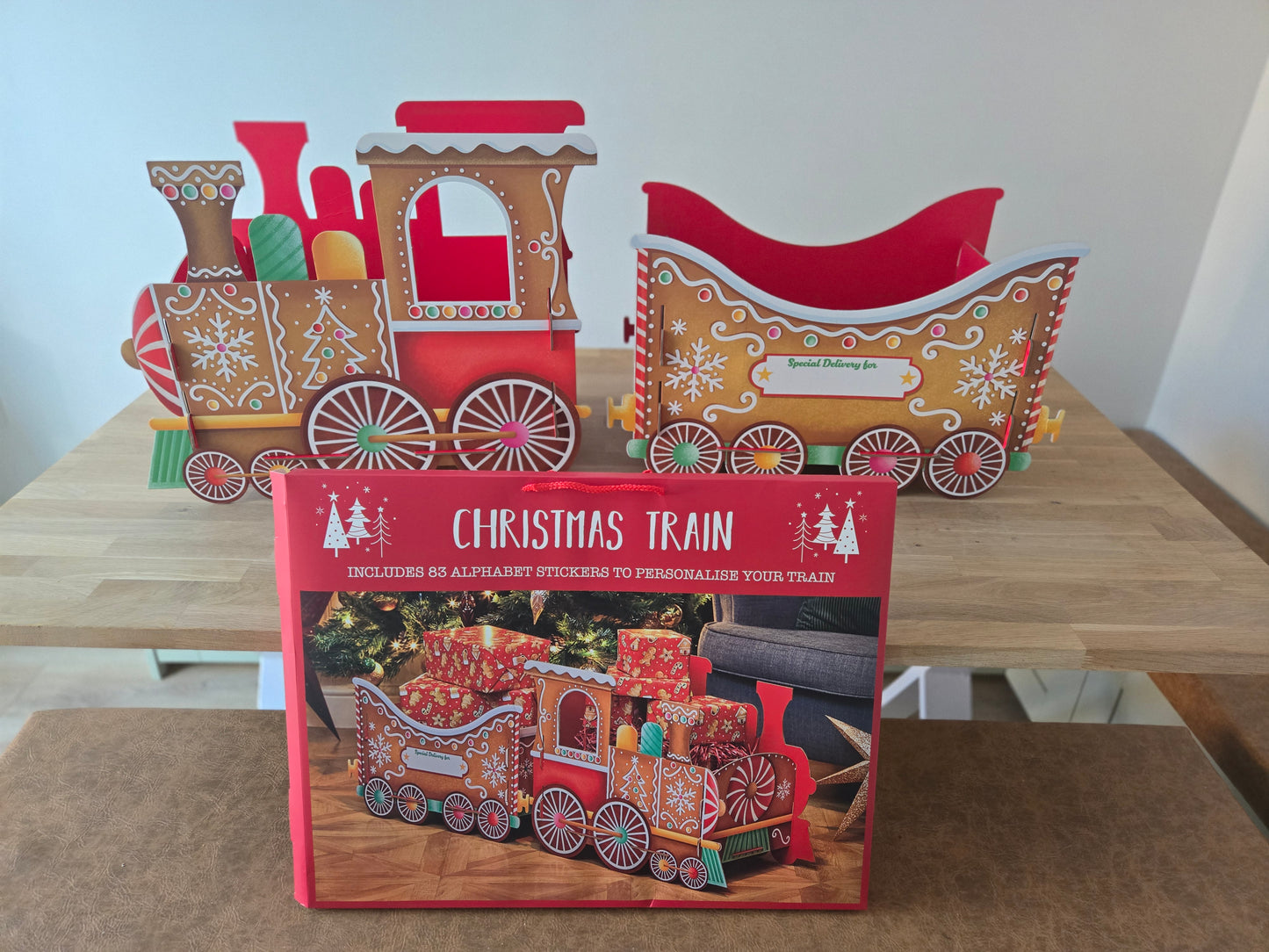 XL Christmas train gingerbread design and christmas gift train present holder