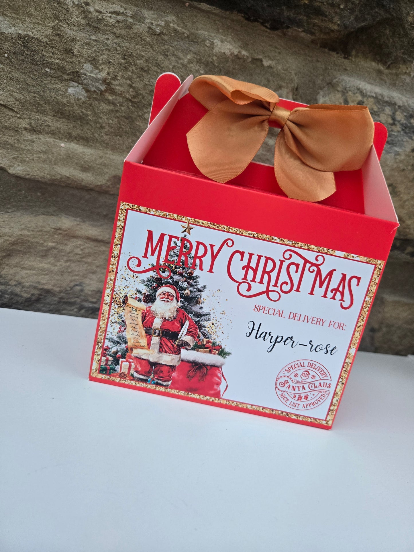 Red and gold Christmas treat boxes personalised