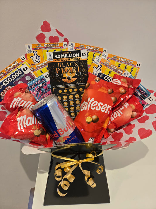 Red bull, maltesers and scratchcard bouquet