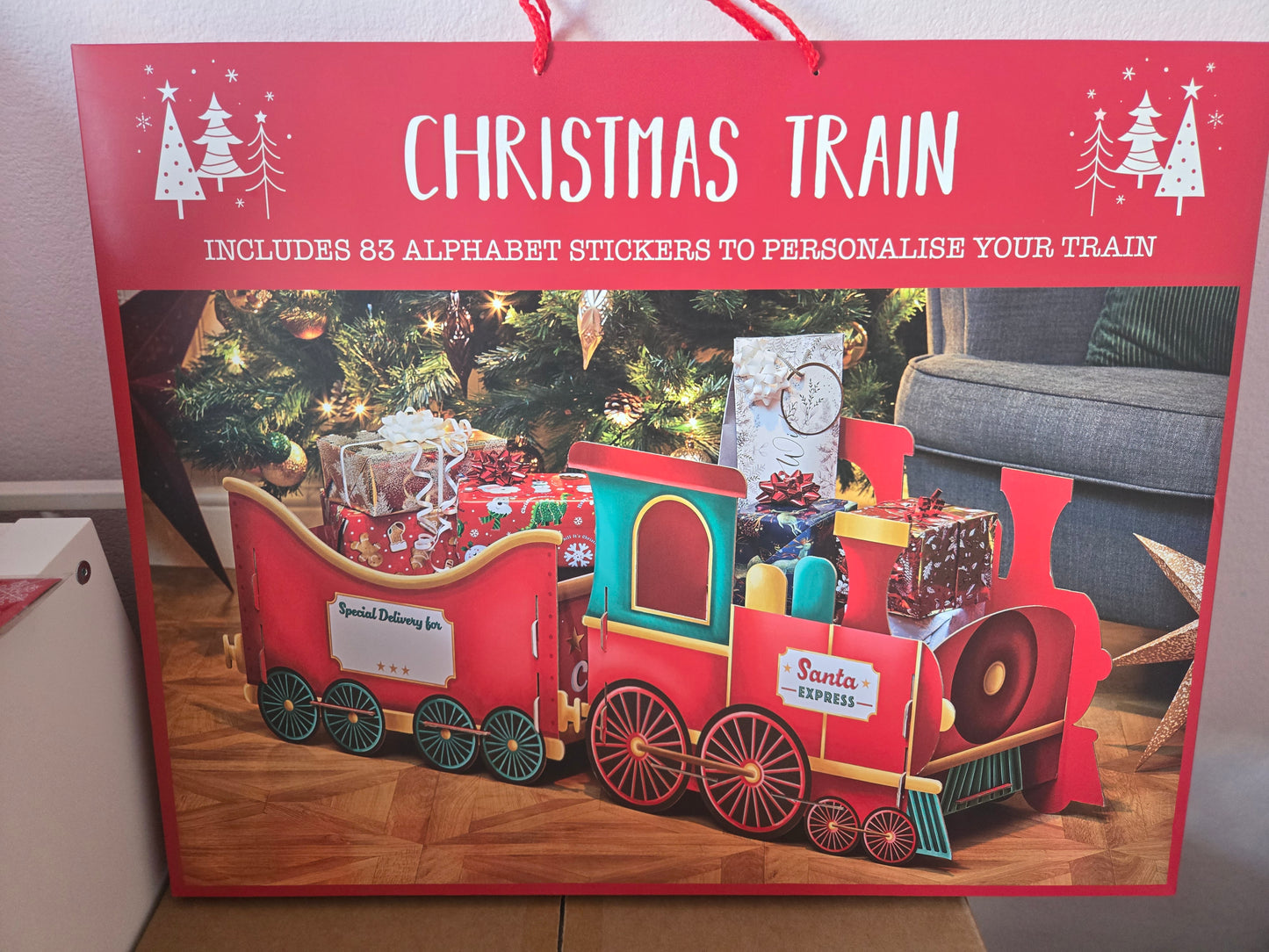XL Christmas train gingerbread design and christmas gift train present holder