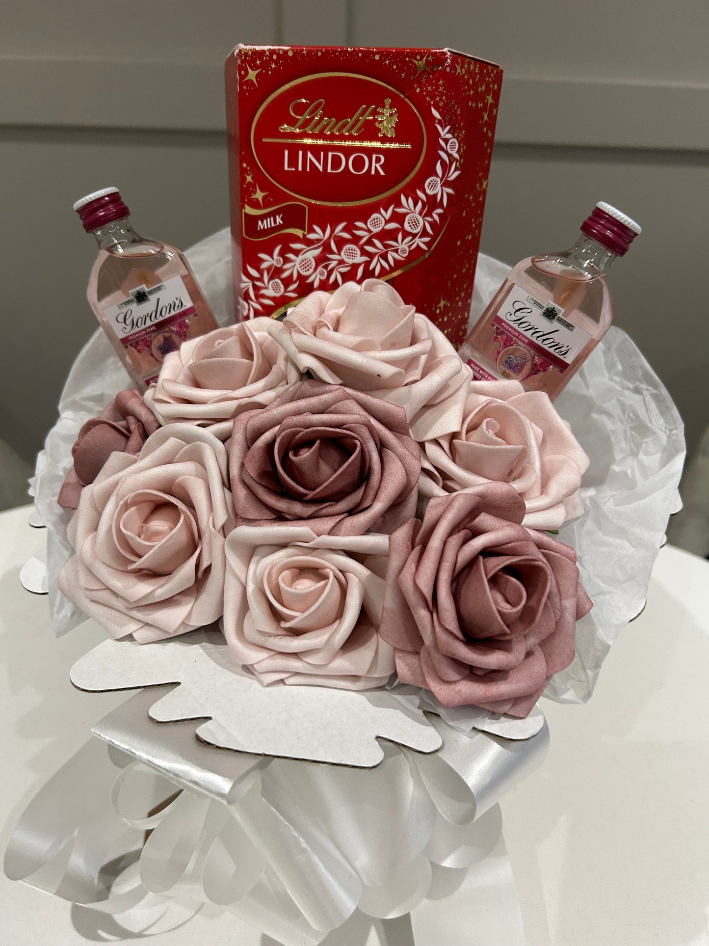 Pink gin gift…Gordon’s pink gin & lindt chocolate bouquet # pink gin bouquet
