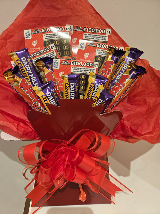 Dairy milk caramel & wispa gold scratchcard bouquet