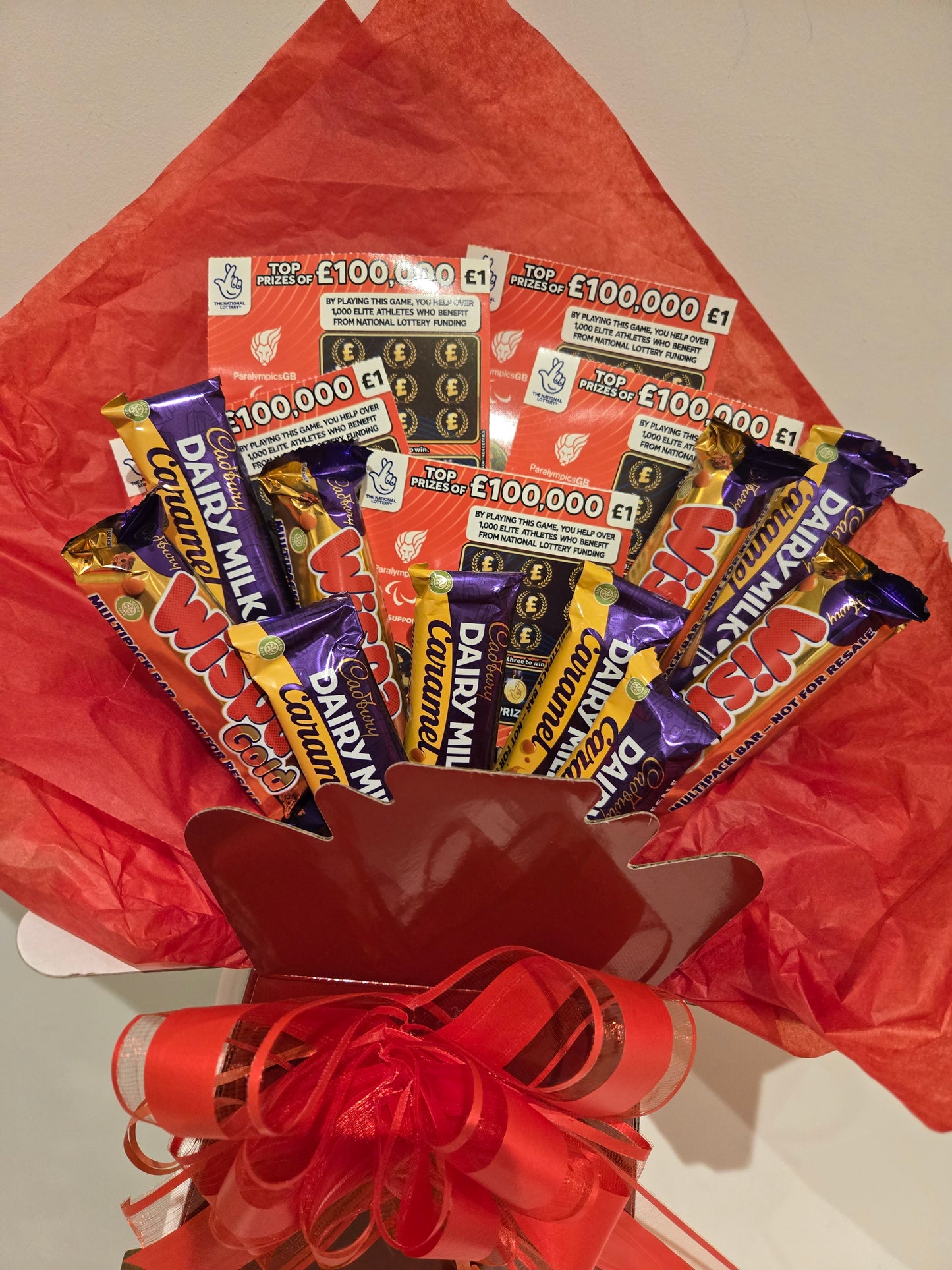 Dairy milk caramel & wispa gold scratchcard bouquet