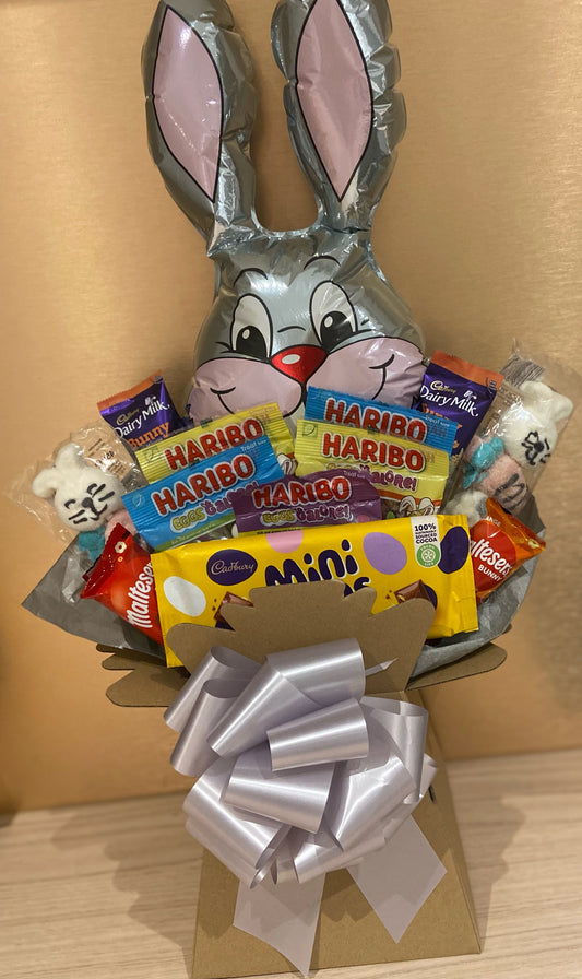 Easter bunny balloon Easter bouquet with mixed sweets and chocolate mini eggs hamper