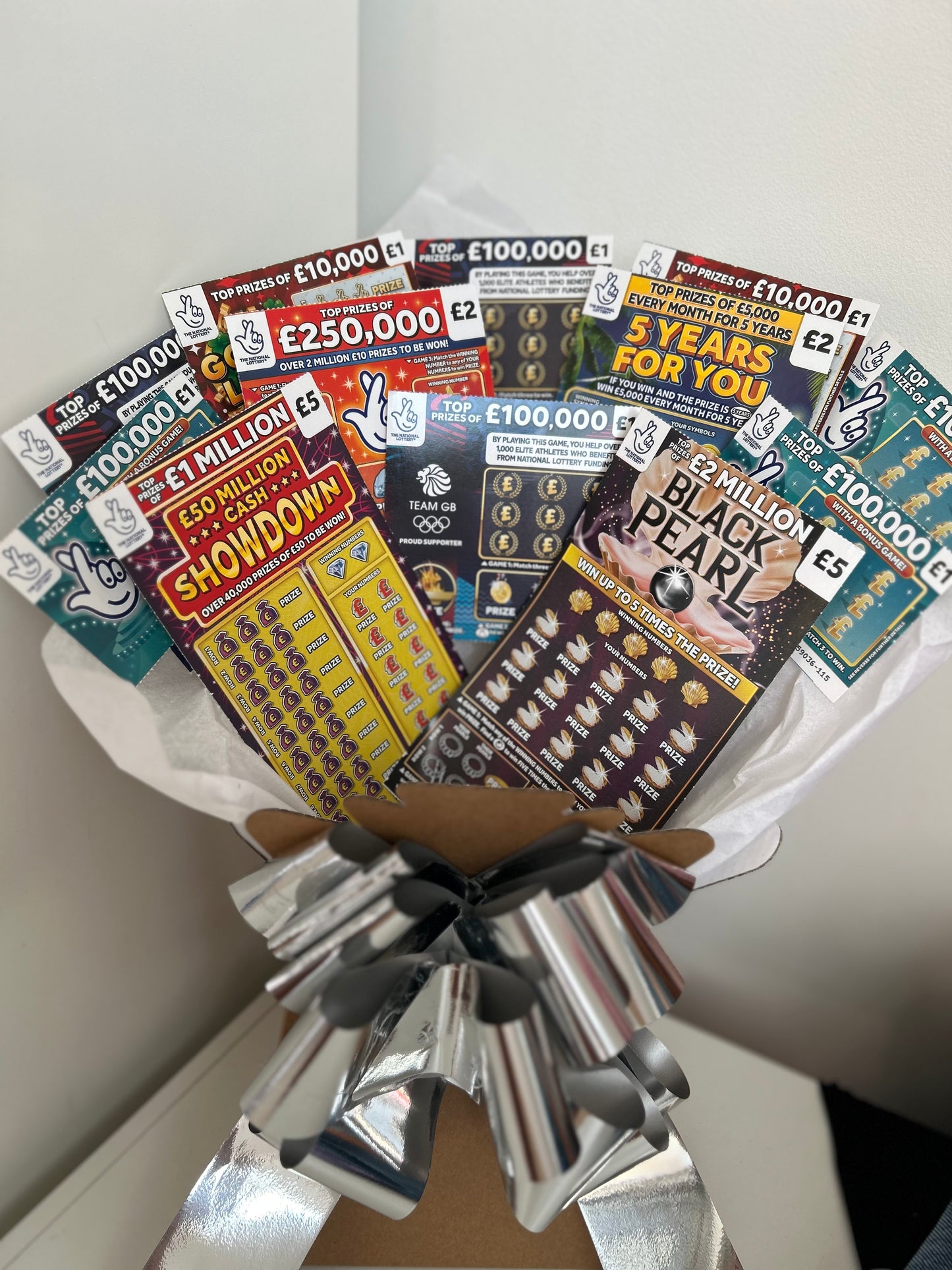 Full scratchcard bouquet filled with variety of scratchcards