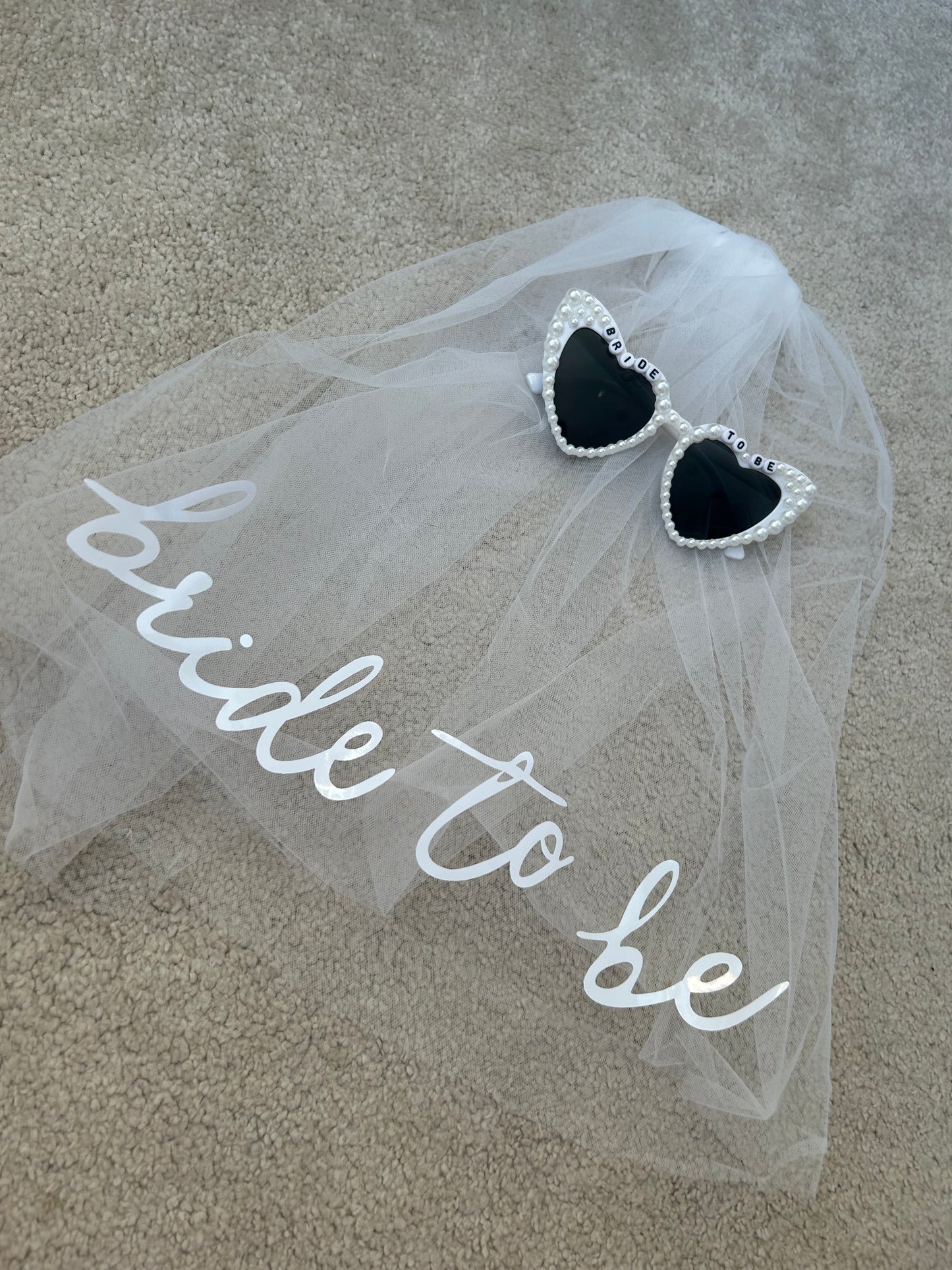 Personalised Bride to be veil and pearl bride to be sunglasses set