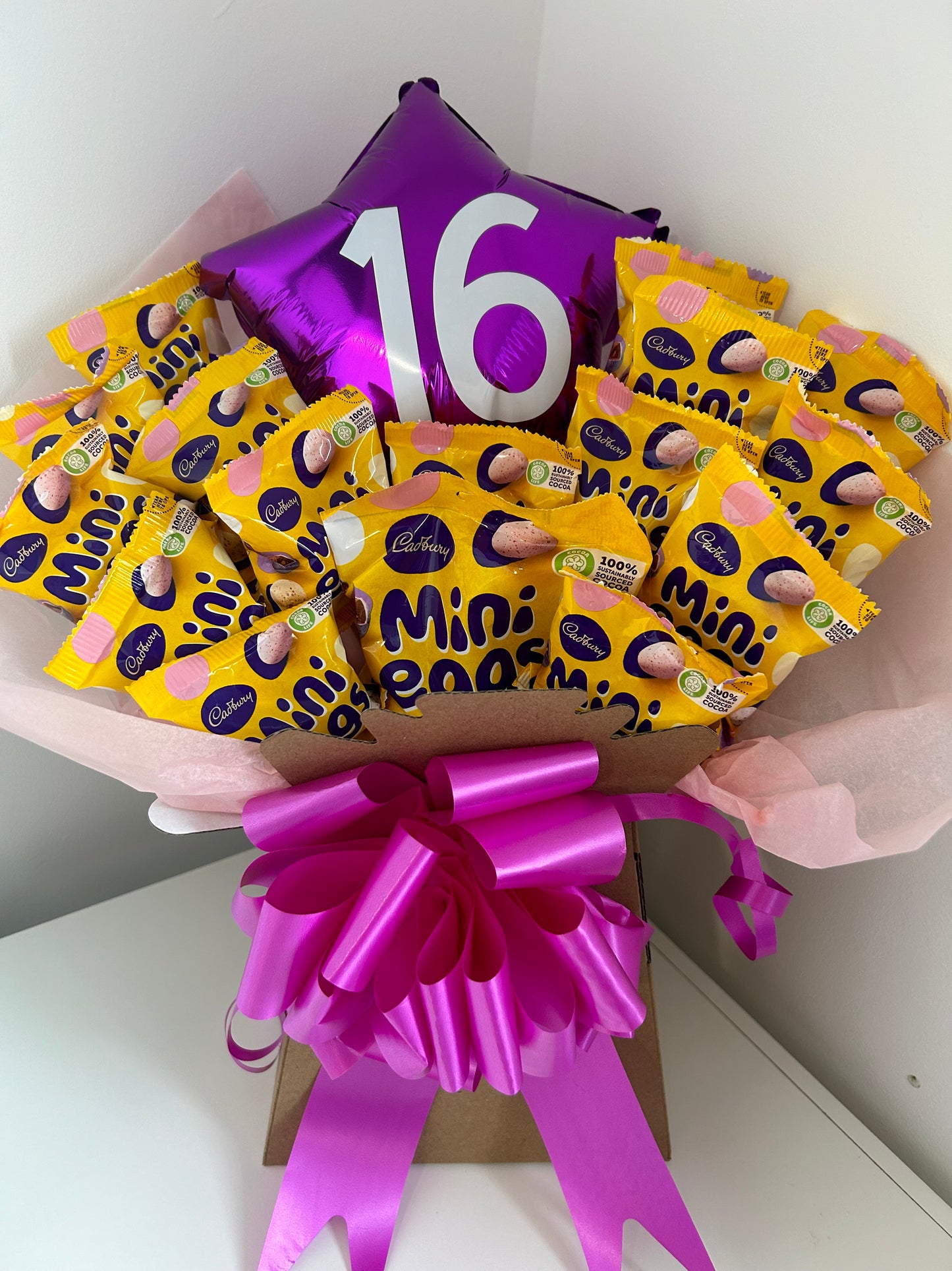 Huge mini eggs with personalised birthday balloon bouquet