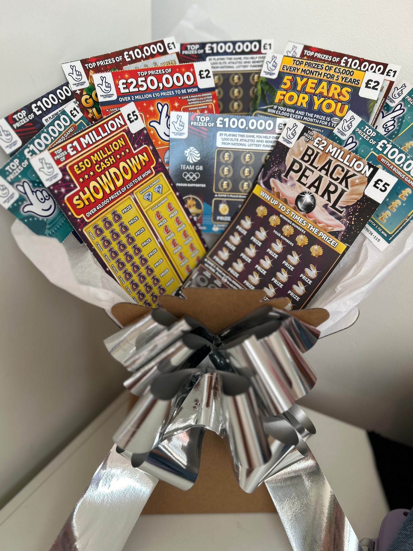 Full scratchcard bouquet filled with variety of scratchcards