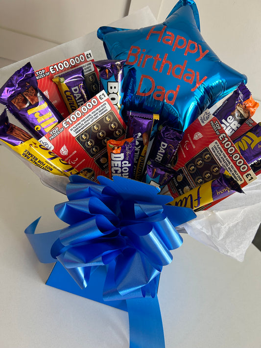 Personalised balloon scratchcards and Cadburys bouquet