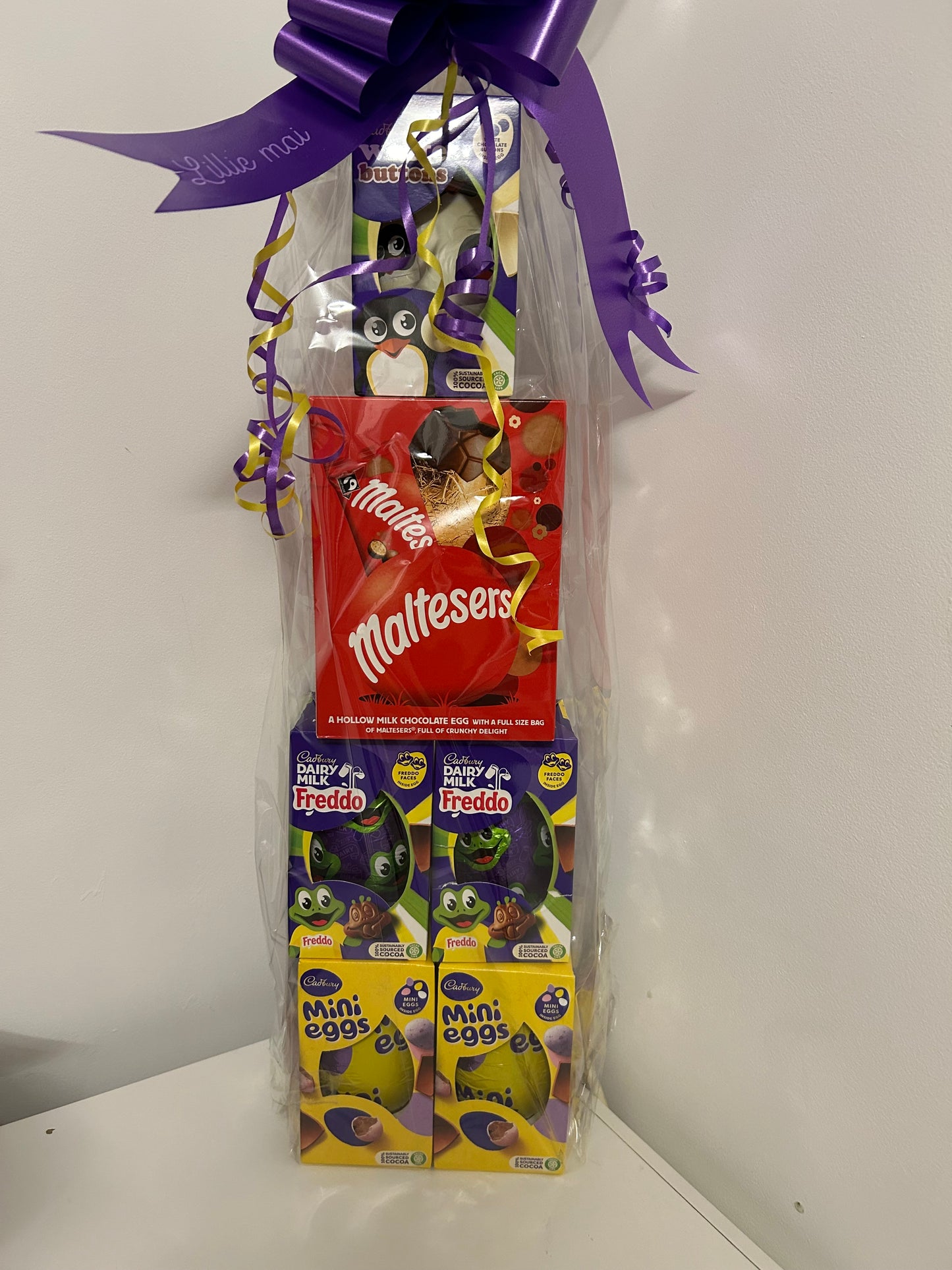 Personalised Easter egg tower containing 6 eggs Easter egg hamper