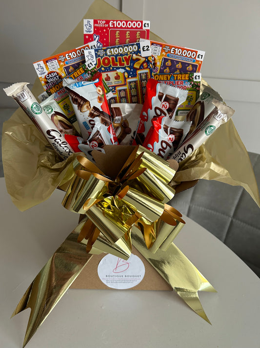 Kinder bueno and galaxy chocolate and scratchcard bouquet