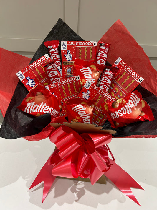 Valentines bouquet Maltesers chocolate, kitkat and scratchcard bouquet