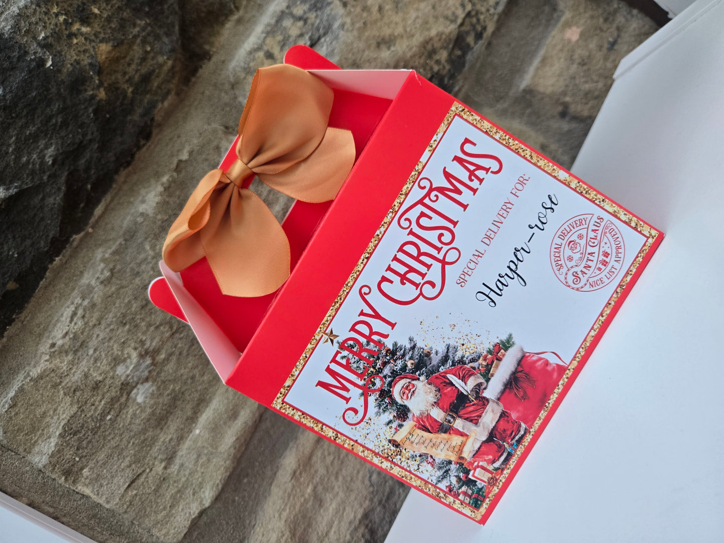 Red and gold Christmas treat boxes personalised