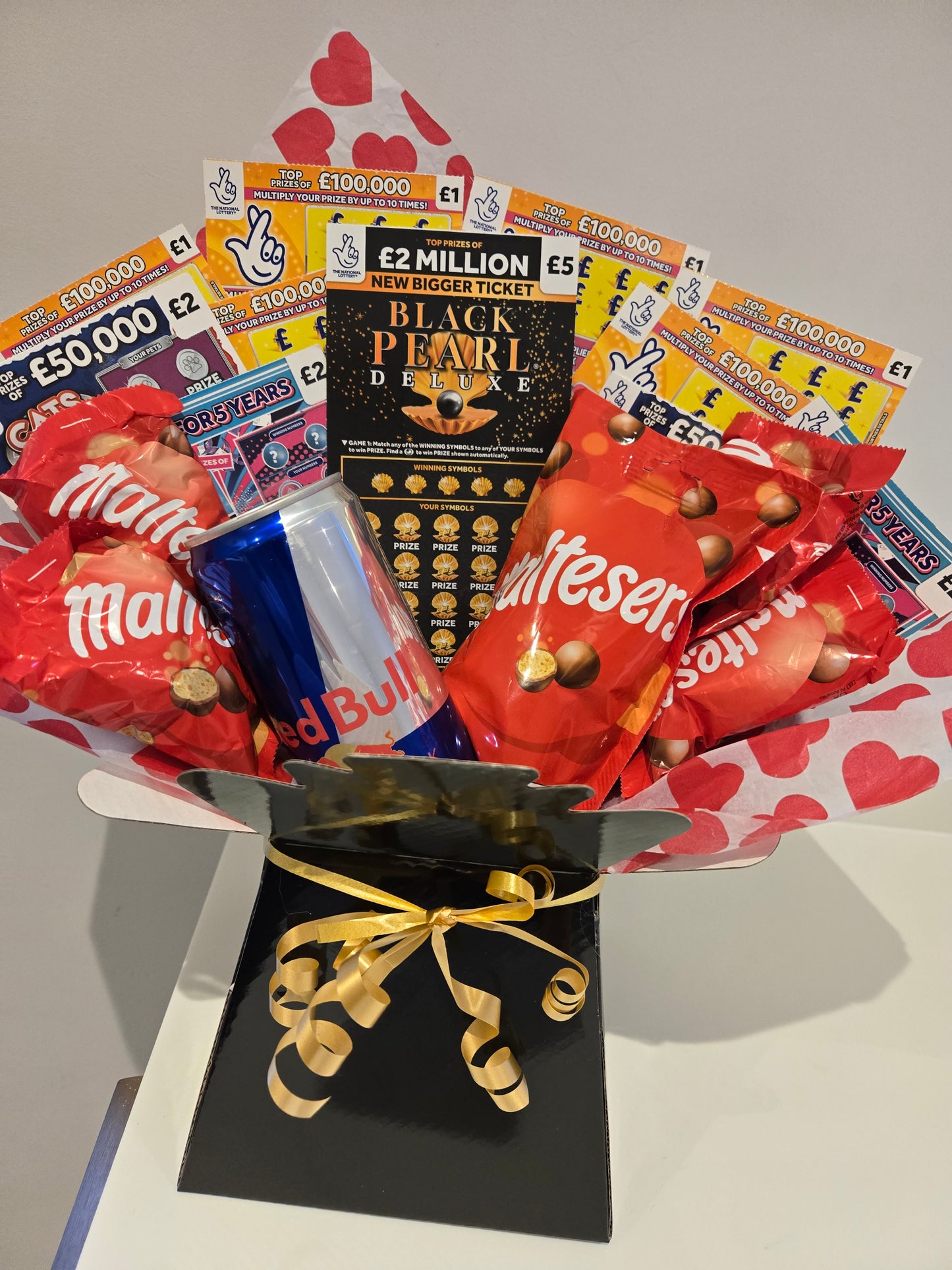 Red bull, maltesers and scratchcard bouquet