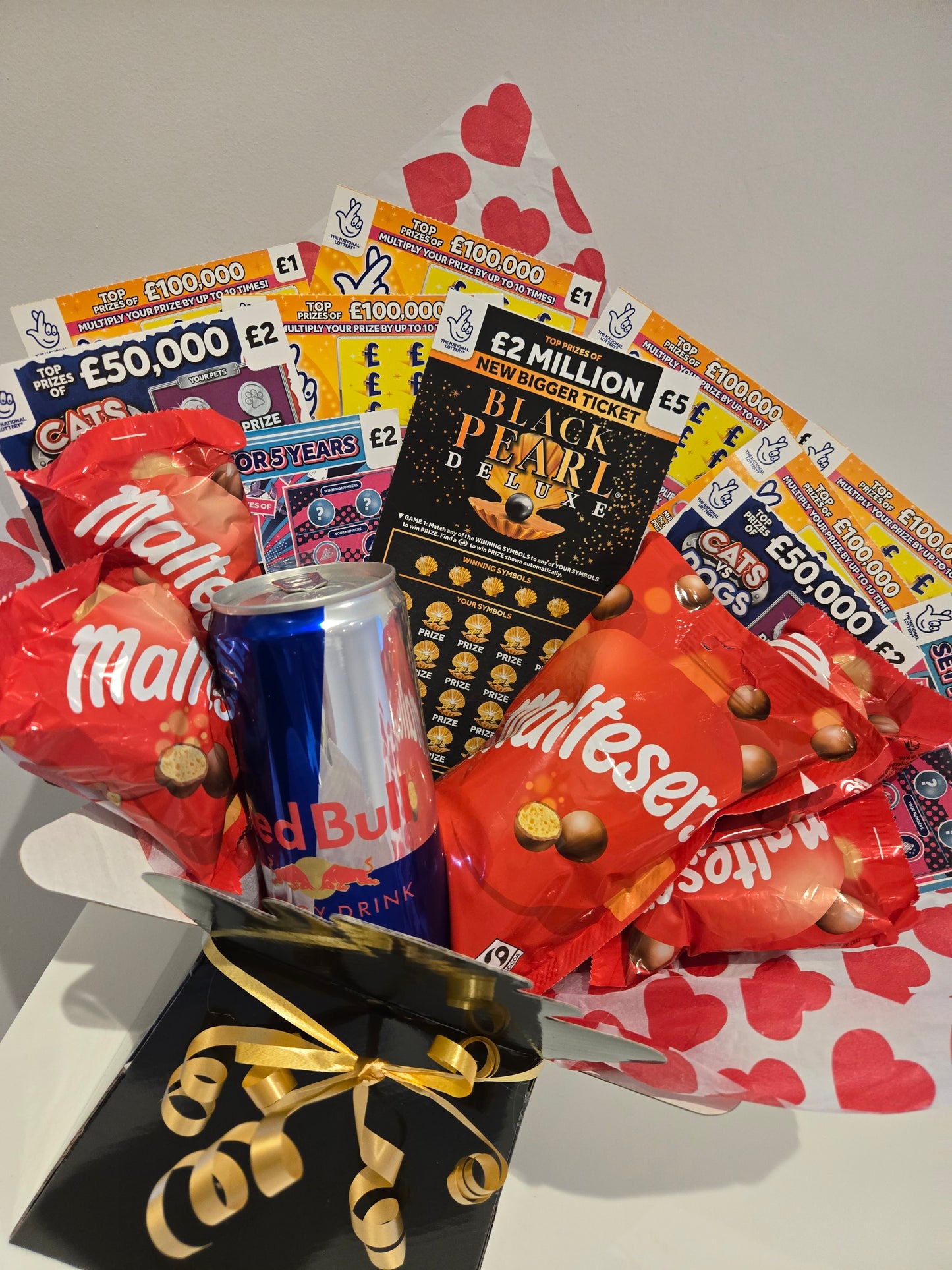 Red bull, maltesers and scratchcard bouquet