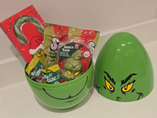 Grinch christmas hamper filled with sweets and chocolate