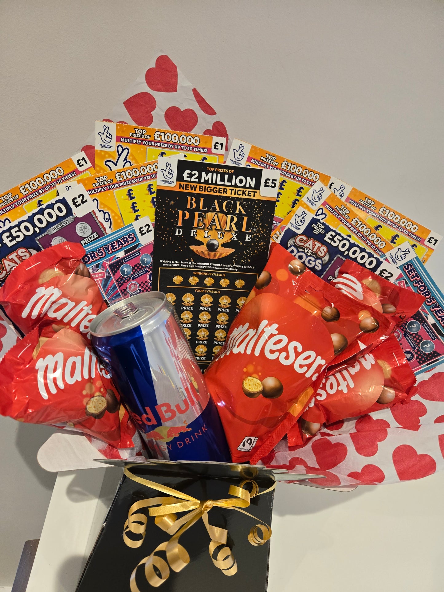 Red bull, maltesers and scratchcard bouquet
