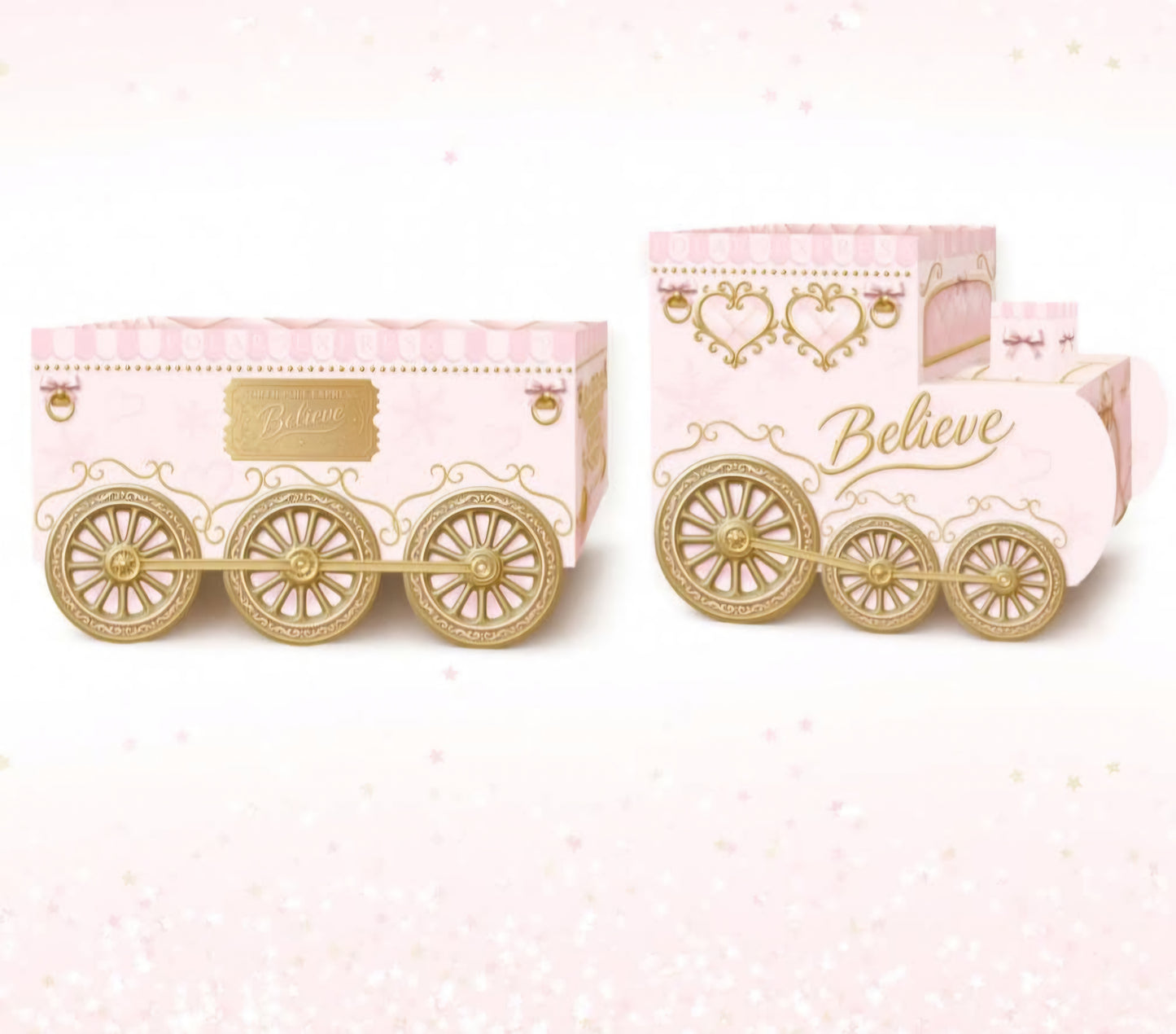 Pre-order Pink and gold large believe present train £9.99 deposit **£10 due before delivery **