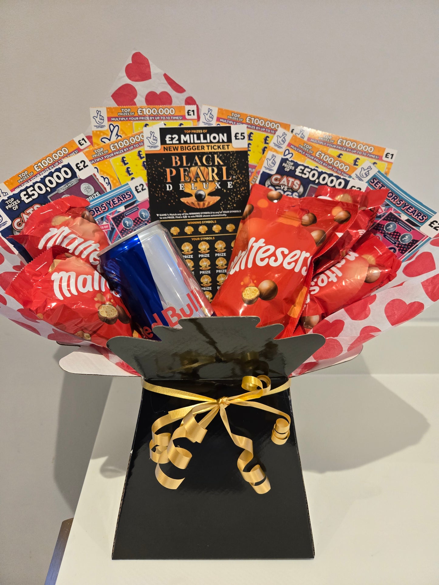 Red bull, maltesers and scratchcard bouquet