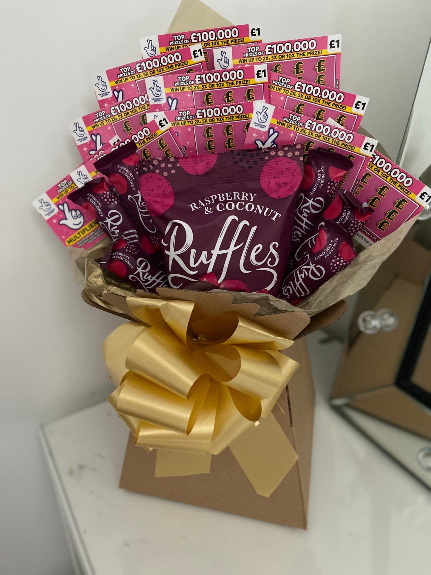 Raspberry ruffles chocolate and scratchcard bouquet