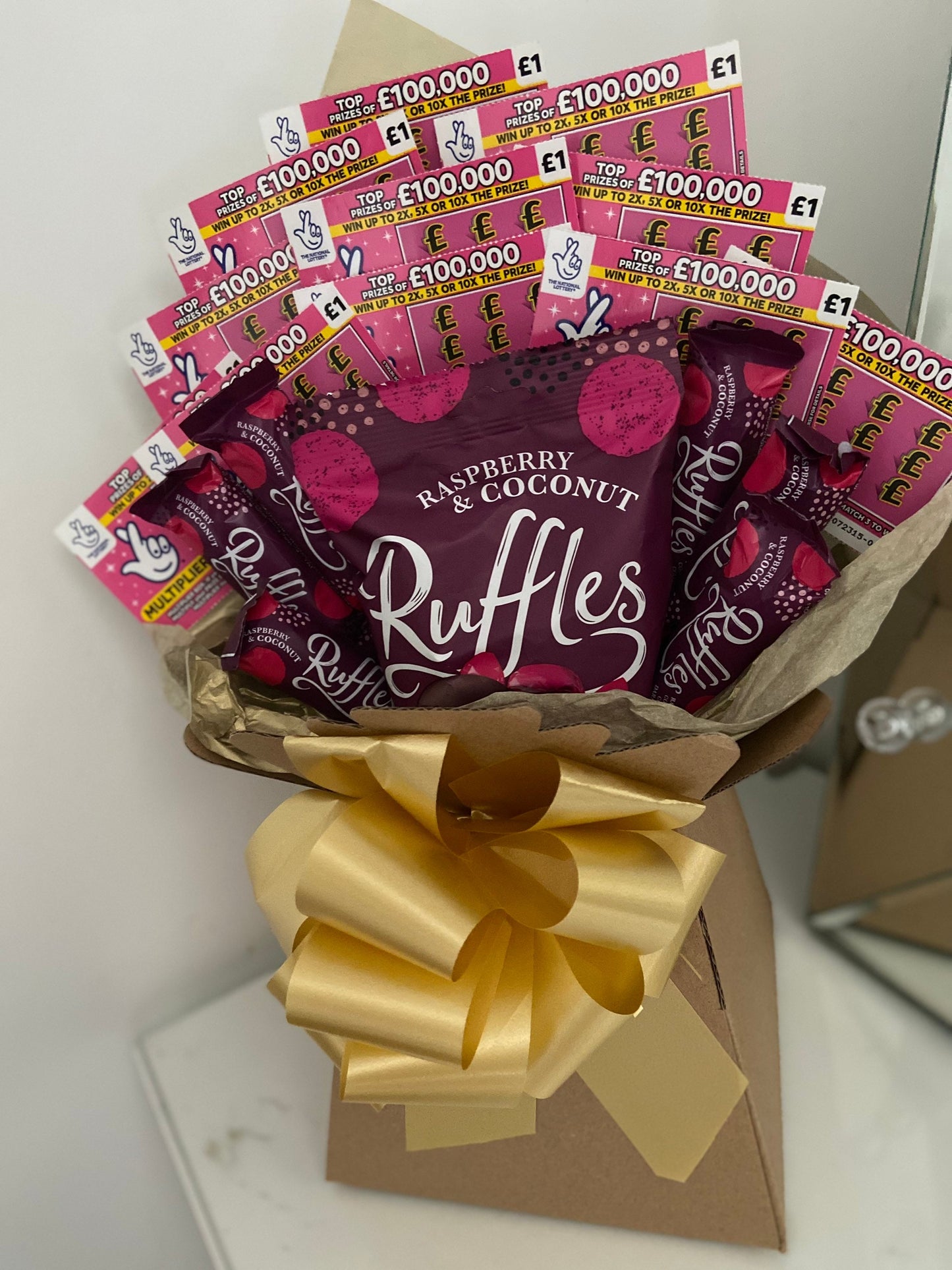 Raspberry ruffles chocolate and scratchcard bouquet