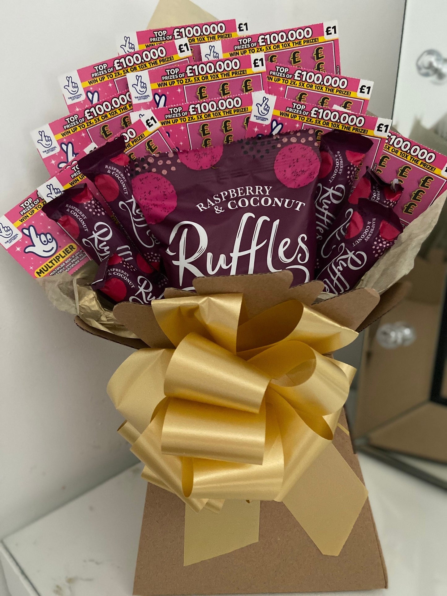 Raspberry ruffles chocolate and scratchcard bouquet