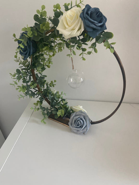 Dusky blue and ivory floral hoop rustic wedding table centrepiece #dusky blue wedding #home decor