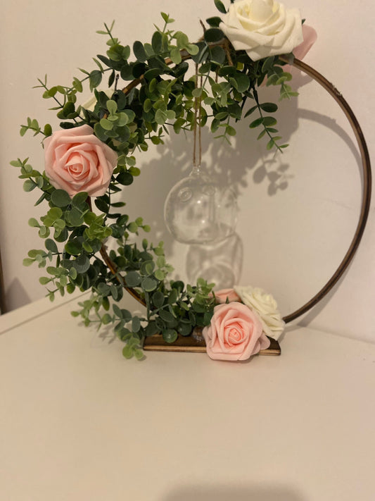 Pink & ivory freestanding rustic floral hoop #floral hoop centrepieces # wedding centrepiece # Christmas centrepiece