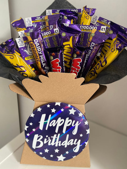 Birthday bouquet with Cadburys chocolate and scratchcards