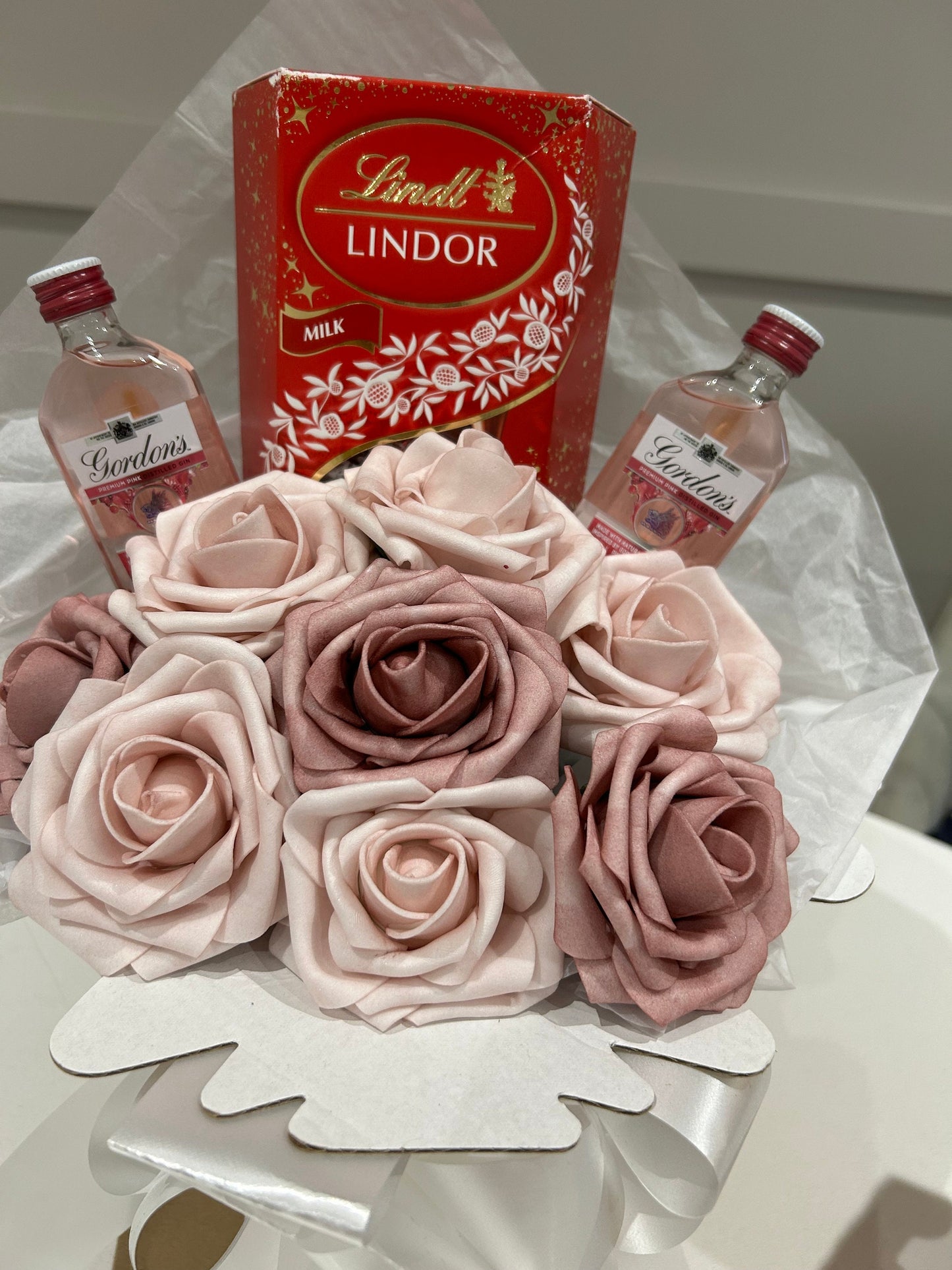 Pink gin gift…Gordon’s pink gin & lindt chocolate bouquet # pink gin bouquet